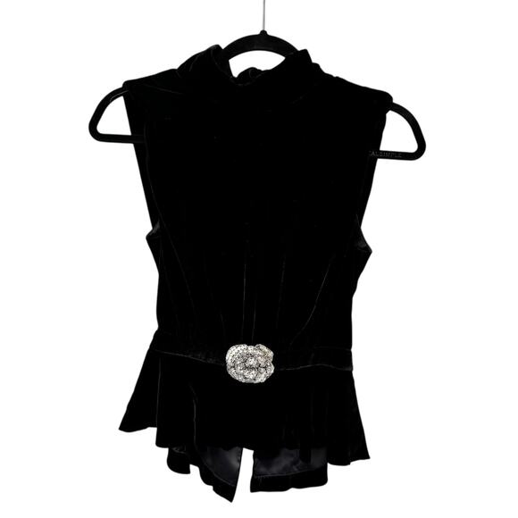 NWT Saloni Black Sleeveless High Neck Fleur Velvet Rose Applique Top Womens 6 - Picture 3 of 12